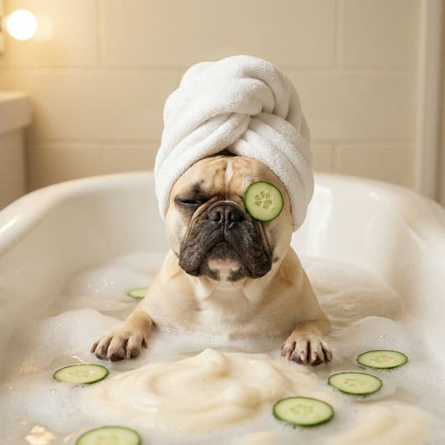 Estilo Spa Day: Tu mascota relajándose con toalla y spa. Humor premium.